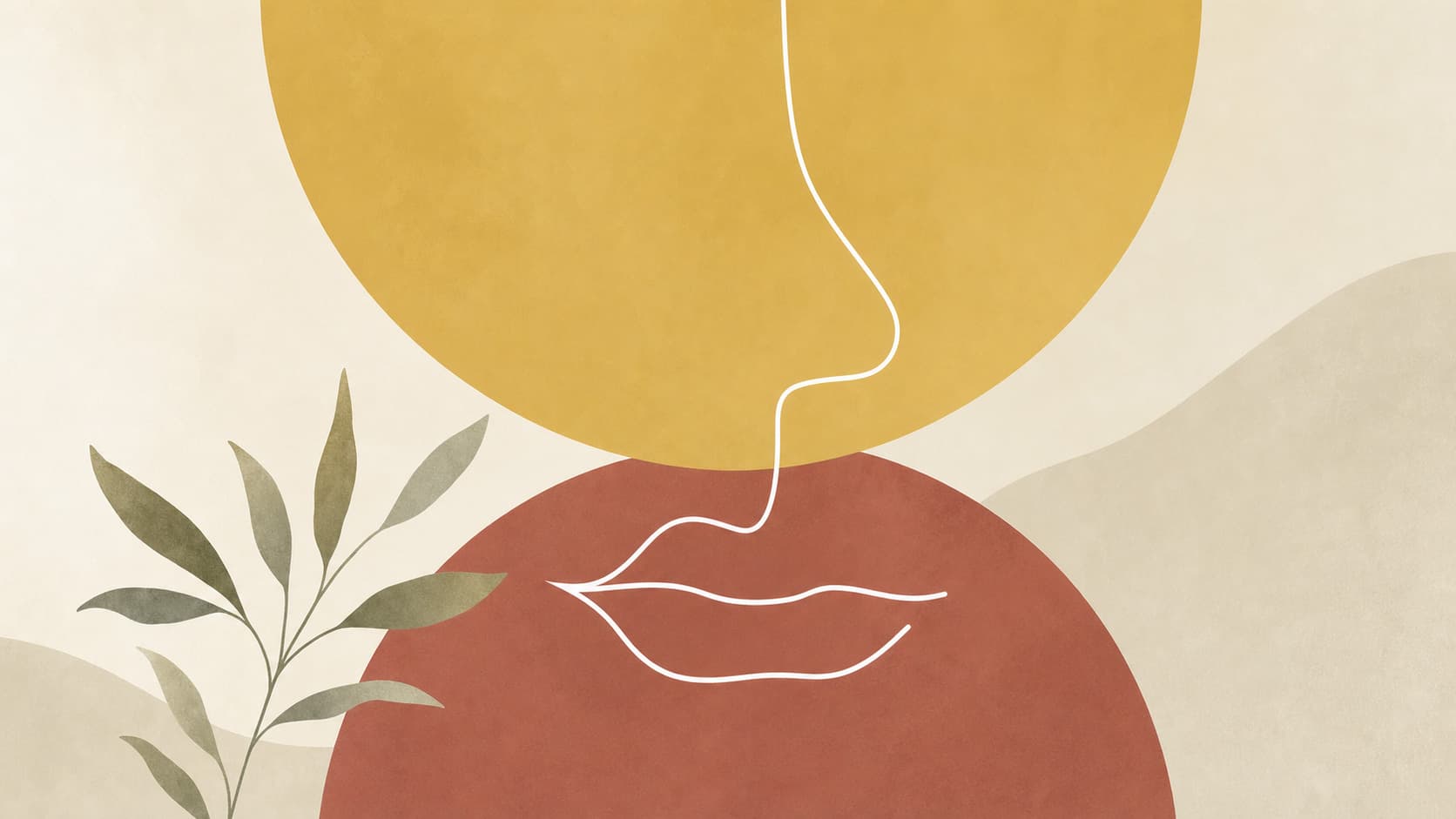 Illustration apaisante aux tons chauds : un visage stylisé, un soleil et un feuillage